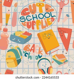 Cute seamless pattern with School Supplies. Pencils, pens, rulers and other. Vector, kawaii