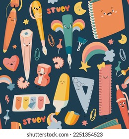 Cute seamless pattern with School Supplies. Rullers, rainbows, pens, pencils, notebooks, stickers and other. Vector, kawaii