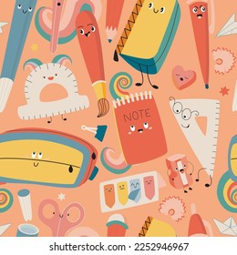 Cute seamless pattern with School Supplies. Pencils, pens, scissors and other. Vector, kawaii