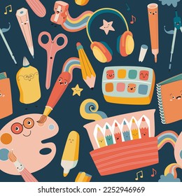 Cute seamless pattern with School Supplies. Pencils, pens, scissors and other. Vector, kawaii