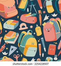 Cute seamless pattern with School Supplies. Bags, rainbows, pens, pencils, notebooks, lunchbox. Vector, kawaii