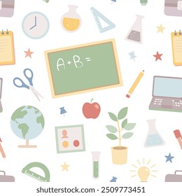 Cute seamless pattern with school, teaching and learning supplies. Cartoon flat vector illustration. 