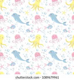Cute seamless pattern with sea animals. Octopus, dolphin, jellyfish, shell, fish, starfish. Undersea world