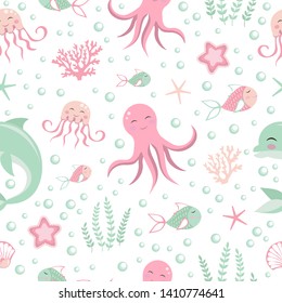 Cute seamless pattern with sea animals. Octopus, dolphin, jellyfish, shell, fish, starfish. Undersea world