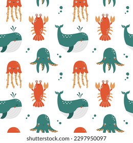 Cute seamless pattern with cute sea animals, whale, crayfish, octopus, jellyfish. Flat hand drawn summer background for wrapping paper, children merch, baby shower, fabric, textile, stickers