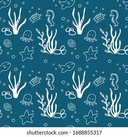 Cute seamless pattern with sea creatures drawn in white on dark turquoise. Vector background image for fabric, textile, scrapbook, gift wrapping paper. Ideal for baby projects. Vector illustration.