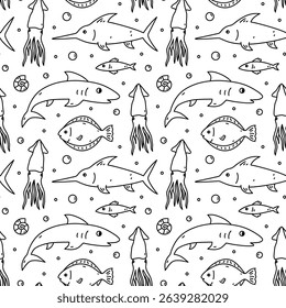 Cute seamless pattern with sea creatures - squid, swordfish, fish and shells. Vector hand-drawn doodle illustration. Perfect for print, wallpaper, decorations.