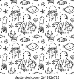 Cute seamless pattern with sea creatures - octopus, jellyfish, squid, fish, shells, algae and starfish. Vector hand-drawn doodle illustration. Perfect for print, wallpaper, decorations.