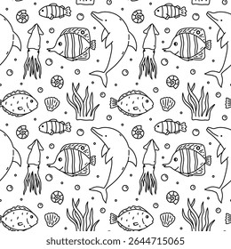 Cute seamless pattern with sea creatures - dolphin, squid, fish, shells and algae. Vector hand-drawn doodle illustration. Perfect for print, wallpaper, decorations.
