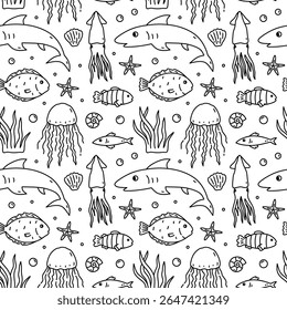 Cute seamless pattern with sea creatures - jellyfish, squid, fish, starfish, shells and algae. Vector hand-drawn doodle illustration. Perfect for print, wallpaper, decorations.