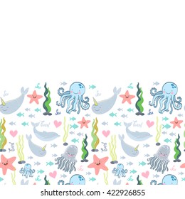 cute seamless pattern with sea creatures. Octopus, fish, starfish, dolphin, jellyfish.