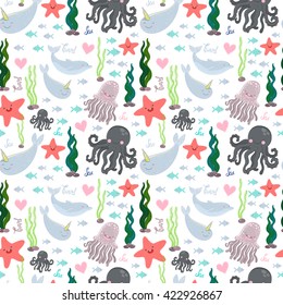 cute seamless pattern with sea creatures. Octopus, fish, starfish, dolphin, jellyfish.