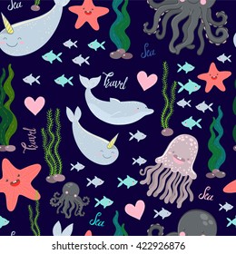 cute seamless pattern with sea creatures. Octopus, fish, starfish, dolphin, jellyfish.
