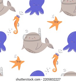 Cute Seamless Pattern With Sea Mammals - Whale, Starfish, Octopus And Seahorse, Cartoon Flat Vector Illustration. Childish Seamless Background With Funny Fishes Wearing Mask For Snorkeling.