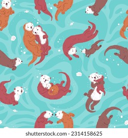 Cute seamless pattern with sea otters lovely family in blue water. Vector illustration of mother, father and child sea otters are swiming and hugging. Hand drawn marine mammals