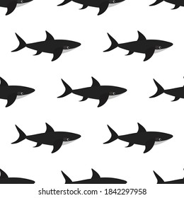 Cute seamless pattern with sea shark on a white background. Marine reptiles in a flat style. Cartoon wildlife for web pages.Stock vector illustration for decor and design, textiles,wallpaper