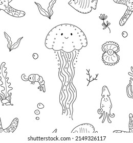 Cute seamless pattern of sea world, jellyfish, squid, shrimp, starfish. Doodle sketch style. Marine life element drawn by hand. Vector illustration for wrapping, wallpaper, simple kids print, coloring