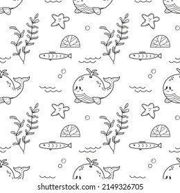 Cute seamless pattern of sea world, whale, fish, starfish, ocean plant. Doodle sketch style. Marine life hand drawn element. Vector illustration for wallpaper, simple kids print, coloring page