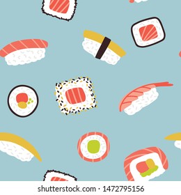 
Cute seamless pattern with seafood sushi rolls. Vector Hand drawn background for design and card, covers, package, wrapping paper.  