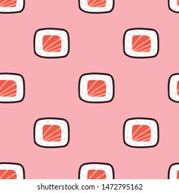 
Cute seamless pattern with seafood sushi rolls. Vector Hand drawn background for design and card, covers, package, wrapping paper.  