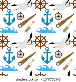 Cute seamless pattern with seagull, anchor, steering wheel, compass, spyglass, bottle mail, sea wave on a white background. Marine items in a flat style.
Stock vector illustration for decor and design