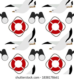 Cute seamless pattern with seagull, lifebuoy, binoculars, on a white background. Marine items in a flat style.
Stock vector illustration for decor and design, textiles,
wallpaper, wrapping paper