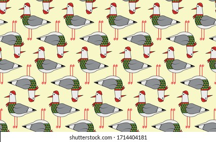 Cute seamless pattern of seagulls birds in flat style, for children. Pastel colors.