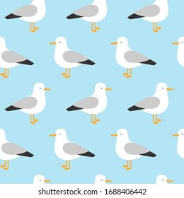 cute seamless pattern of seagulls in flat style isolated on blue water, vector sea bird illustration, for children