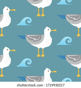 cute seamless pattern with seagulls and waves on a turquoise background for children's room