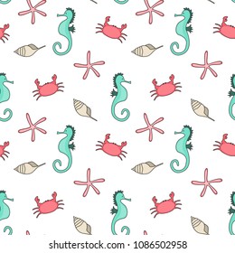 Cute seamless pattern with seahorse, crab, seashell, sea star. Vector illustration.