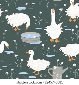 Cute seamless pattern with Sebastopol goose, doodle flowers, and paddles after the rain. Geese in the grass. Vector illustration on green background