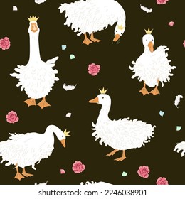 Cute seamless pattern with Sebastopol goose in crowns, diamonds, and rose flowers. Royal Geese fantasy background. Vector illustration.