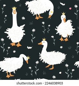 Cute seamless pattern with Sebastopol goose in crowns, diamonds, and chamomile flowers. Royal Geese fantasy background. Vector illustration.