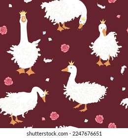 Cute seamless pattern with Sebastopol goose in crowns, diamonds, and rose flowers. Royal Geese fantasy background. Vector illustration.