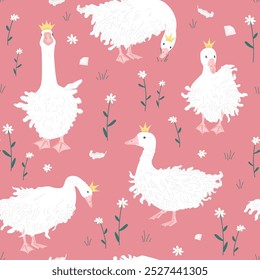 Cute seamless pattern with Sebastopol goose in crowns, and white daisy flowers. Royal Geese fantasy, pink background. Vector illustration