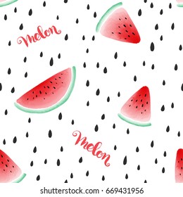 Cute seamless pattern with seeds, watercolor styled watermelon slices and melon lettering on white background. Vector illustration.