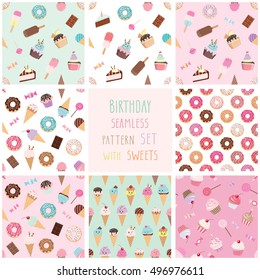 Cute seamless pattern set with different sweets. For Birthday design. Baby Shower. Scrapbook paper. Pastel colors for girls. For print and web.