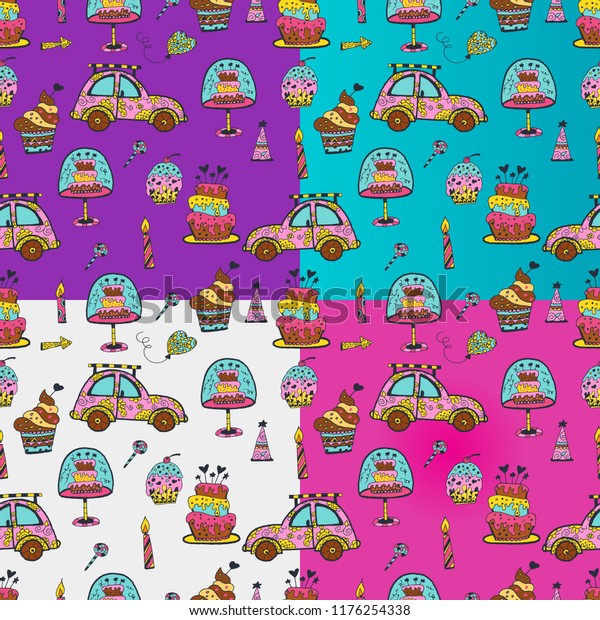 Cute seamless pattern set with different\
sweets. For Birthday.Celebration festive seamless pattern with\
party icons.Birthday background. Seamless patterns with\
cupcakes.