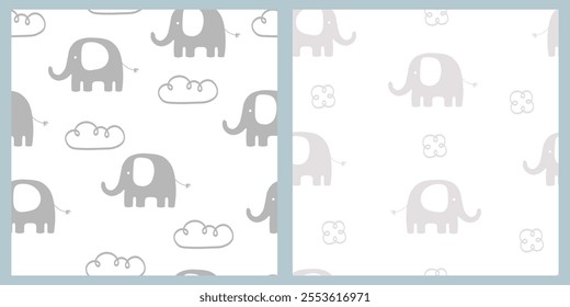 Cute seamless pattern set with elephant and clouds. Kids design, Use for prints, textiles, fabric, wallpaper, stationery, nursery, wrapping paper, etc.