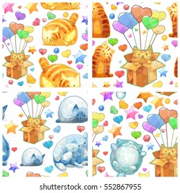 Cute seamless pattern set, funny polygon cat collection