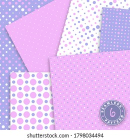 Cute seamless pattern set. Pink, violet colors. Polka dot pattern. Paper set mockup. Vector.