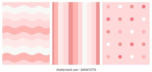 Cute seamless pattern set in pink color tone with wiggle wavy line, vertical stripes, and colorful dots on pastel pink background