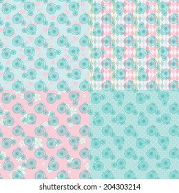 Cute seamless pattern set with retro bicycle , flowers ,hearts, abstract elements .Use for Wallpaper , background , web backdrop, fabric , wrapping paper,web page.