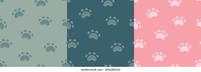Cute seamless pattern set. Surface design, textile, wrapping paper, background, decoration illustration bundle. Cats and dogs paw footprint stamp. Simple childish design texture, pet goods, fabrique.