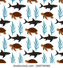Cute seamless pattern with shark, turtle, blue seaweed on a white background. Sea animals in a flat style. Cartoon wildlife for web pages.
Stock vector illustration for decor, design, textiles