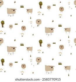 Cute seamless pattern of sheep in a clearing. On a transparent background.Children's pattern with a sheep.