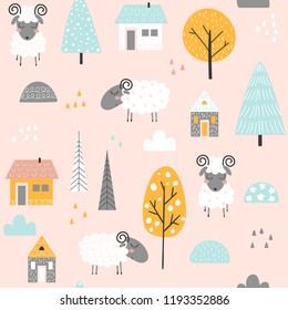 Cute seamless pattern with sheep, houses and trees on pink background. Vector illustration for children. Great for fabric, textile.