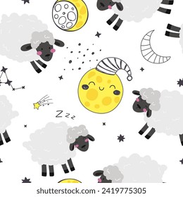 Patrón perfecto con ovejas y luna. Patrón infantil de estilo plano. Ilustración del vector