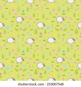 Cute seamless pattern with sheep on a flower field
