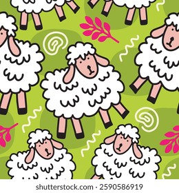 Cute seamless pattern with sheep, shape, leaves and swirl. Seamless pattern For wrapping paper, fabric, textile, wallpaper, card, print. Vector illustration.